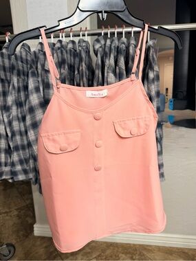 Amelia - Coral Pink Button-Front Pocket Tank